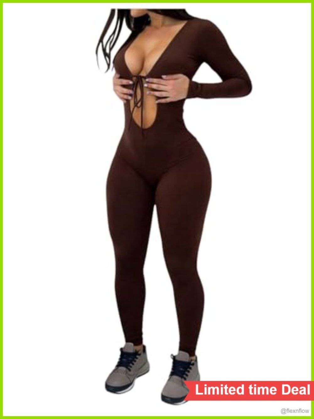 Women's Long Sleeve Deep V Neck Cut Out Tie Front Workout Jumpsuit Slim Fit